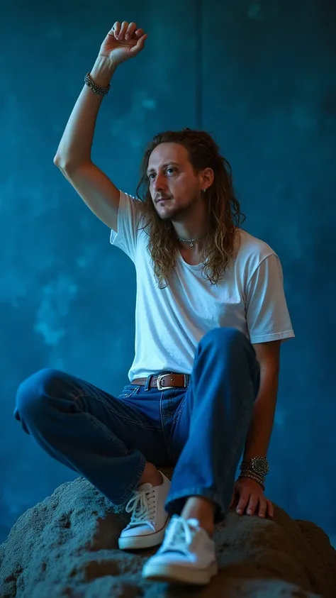 high fashion photography of a young man as a ((death metal front figure)) with ((crown braid)) Sporting 70s retro looks,  with bell-bottoms,  platforms,  and psychedelic prints,  dressed in white t-shirt,  blue jeans,  brown leather belt,  white sneakers, ...