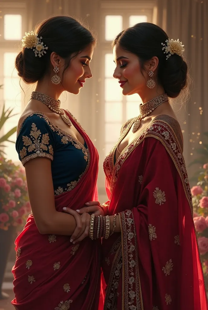 In the elegant drawing room, the sound of soft laughter and playful teasing fills the air as Shama a beautiful married women dressed in blue saree and traditional attire catches a glimpse of Nirmala a beautiful young stunning women in her stunning attire. ...