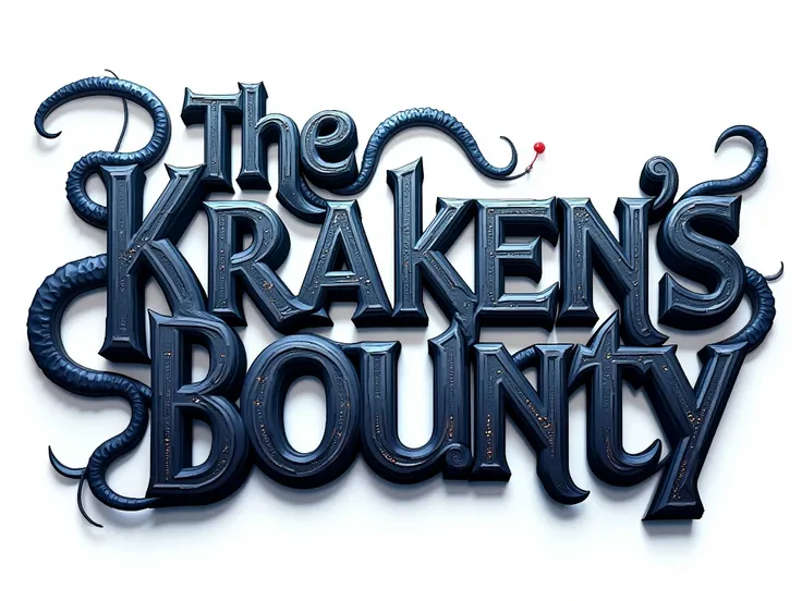 a 3D text effect with the words 'The Kraken's Bounty'. The effect makes it look like a tendril on some of the letters. isolated on white background.