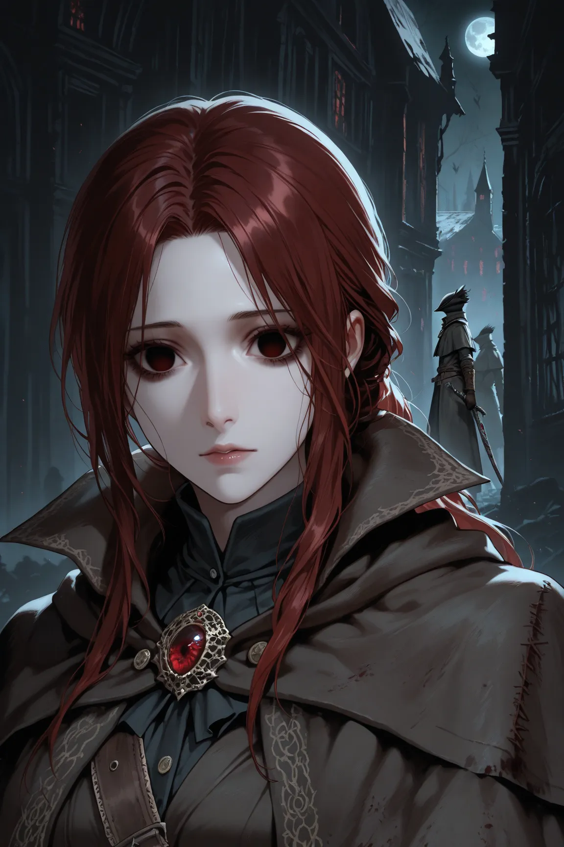  manga ,dark red hair , beauty, Bloodborne,Maiden Doll,black moon ,Abandoned Village, empty eyes 