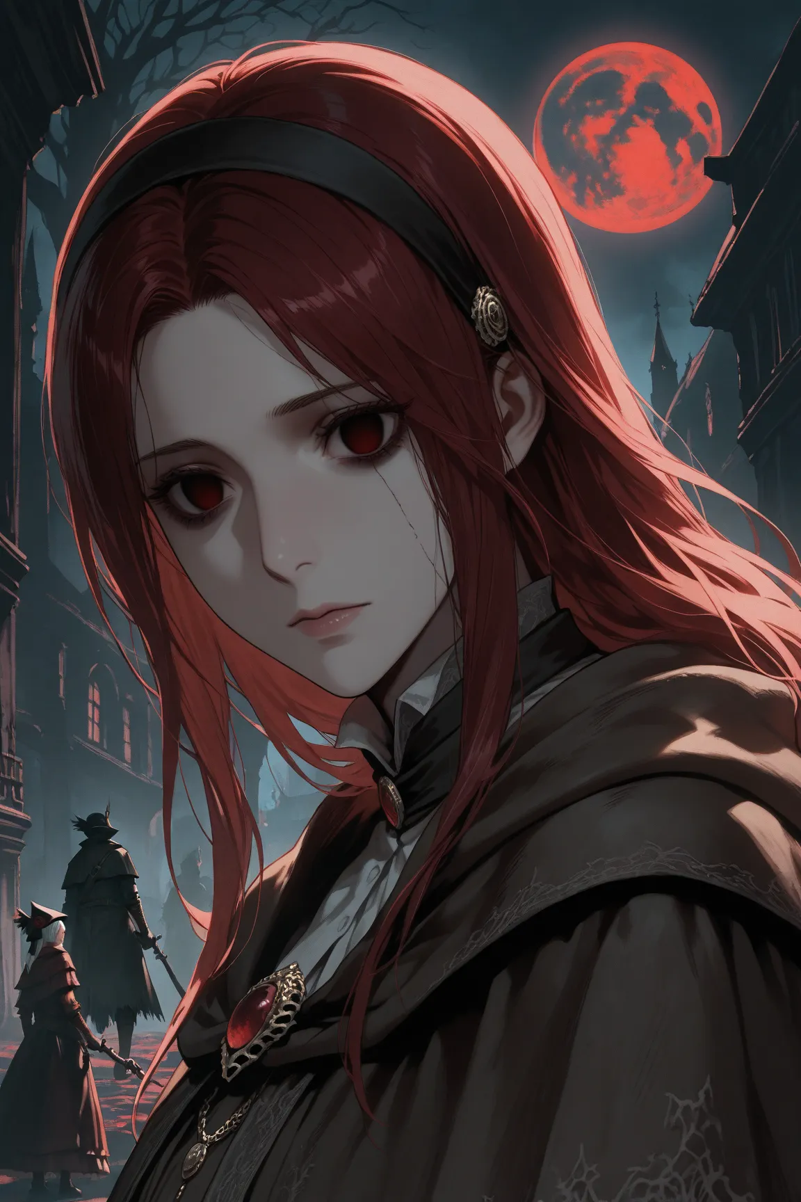  manga ,dark red hair , beauty, Bloodborne,Maiden Doll,black moon ,Abandoned Village, empty eyes 