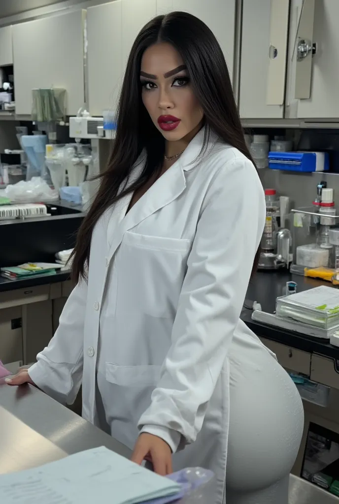  age girl wearing a formal lab coat , curvy body, Sensual angry face , thick red lips ,  buttocks protruding back , Sideways standing pose ,  is in chemicals laboratory , both hands holding a desk in the laboratory , ( Side view)