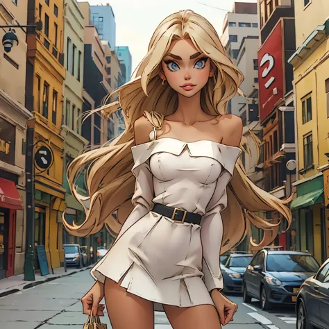 (best quality, masterpiece) smsas, One blond beautiful woman, in the street, with long hair, wear off shoulder long sleeves minidress, skinny, small waist, sexy pose, лежат на пляже , ноги широко раздвинуты, big tits, big breast, cowboy_shot