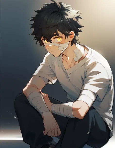  A Man, youthful appearance, burnt pele, light golden eyes, black hair with long bangs over his eyes. He has bandages over his body, bandage covering all broken skin and scars. He has an expression, sitting on the floor, while holding and pulling a bandage...