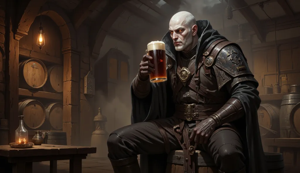 a red-eyed albino warrior with a cloak and a hoodie sitting on a beer barrel. He drinks a completely dark beer with brown foam from a medieval mug. The warrior is in a medieval brewery.