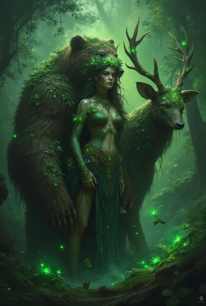 **The Verdant Warden and Her Primal Beasts**  
   - The female spirit, the Verdant Warden, is a nature deity with emerald-green skin, antlers adorned with glowing flowers, and vines that weave through her hair. She is the protector of ancient forests.  
  ...