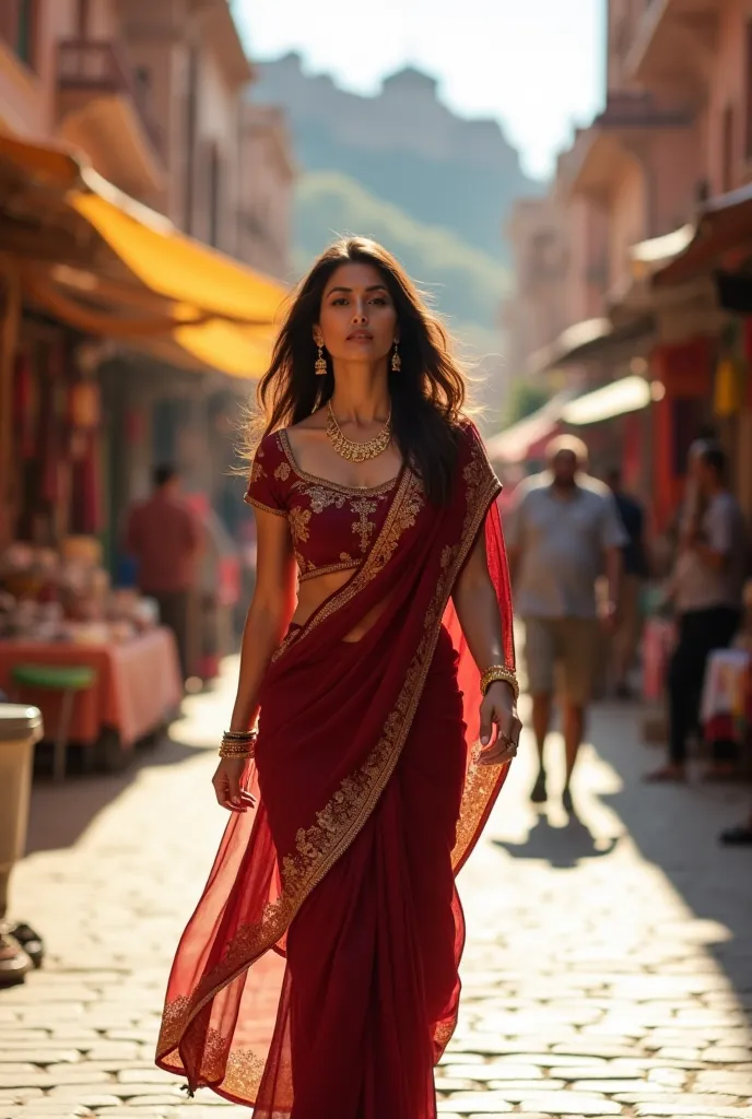 Scene: A beautiful, sunlit afternoon in Jaipur, India. The camera zooms in on a traditional, vibrant street with bustling markets, intricate architecture, and the majestic Hawa Mahal in the background.

Description:

A stunning brunette woman, dressed in a...