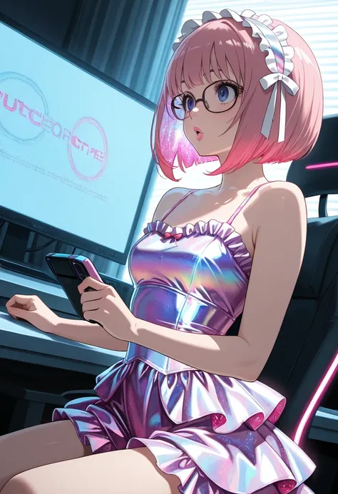 dutch angle, ultra detailed, absolutely resolution, masterpiece, highly detailed, sharp focus, vivid colors, soft lighting, cinematic composition, cute spy girl, glasses, pink bob cut, lewd expression, seduction, pink lips, make up, lewd great body proport...