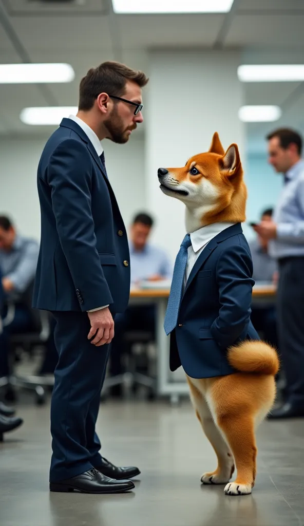 A Shiba Inu puppy is standing and bowing to his human boss,

The human boss is angry at the Shiba Inu,

The Shiba Inu puppy is wearing square black-rimmed glasses, a navy blue suit, a white shirt, a light blue tie, and black leather shoes,

Many office wor...