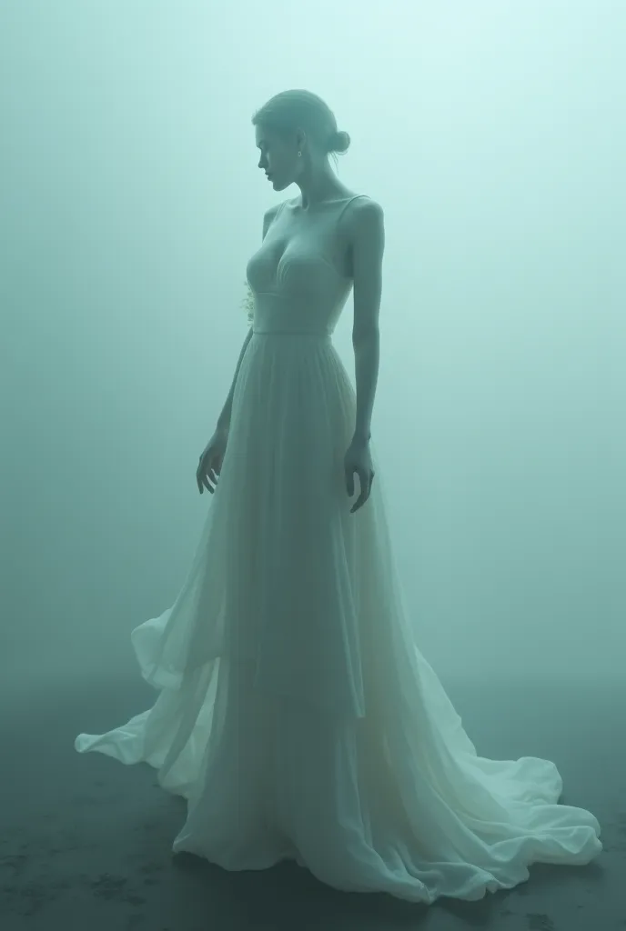 Female ghost in a white dress with long arms and a twisted neck standing in the fog