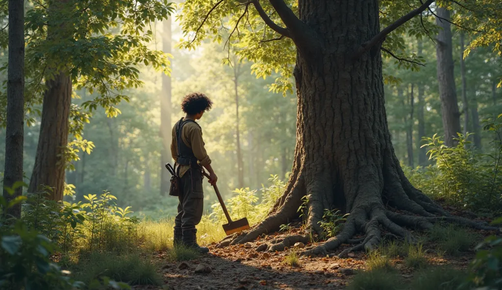 "The woodcutter stands in a dense forest, examining a large, sturdy tree. He holds his axe tightly, preparing to chop. Sunlight streams through the leaves, creating a peaceful atmosphere." He dressed in worn-out clothes and he have black curly hair