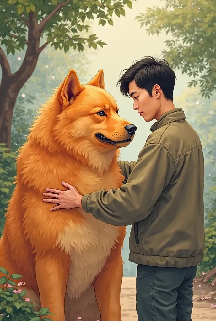 An orange big mother dog being pet by a japanese men