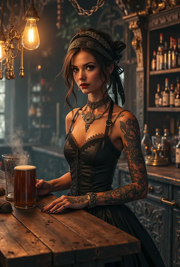 woman, Female bartender wipes the wooden mug, bar counter, dark cabaret style, fantasy, tattoos, beer, barmaid, steampunk, victorian, bandana
