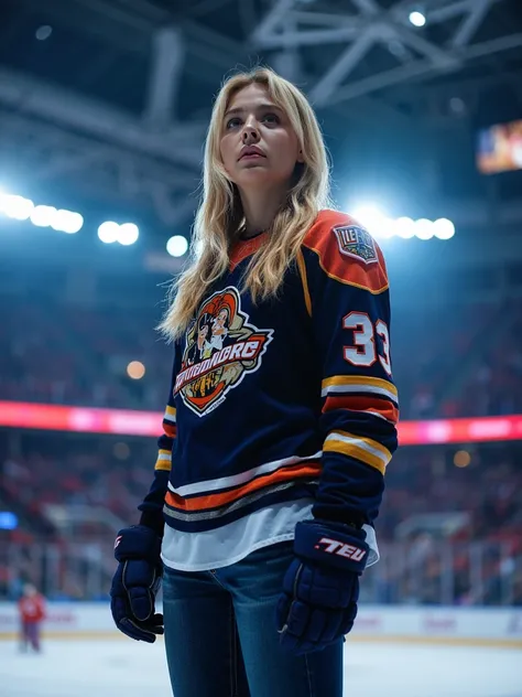  woman standing at hockey game wearing tight jeans and hockey jersey indoor arena bright lights