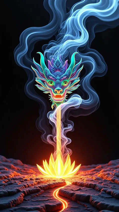 A Chinese dragon with striped scales shoots blue and yellow-green lightning from its mouth. blue and red rays intertwine in the air, illuminates the surroundings with a vivid and exciting flash,  the ground is cracked and burnt and looks like hell, Lava fl...