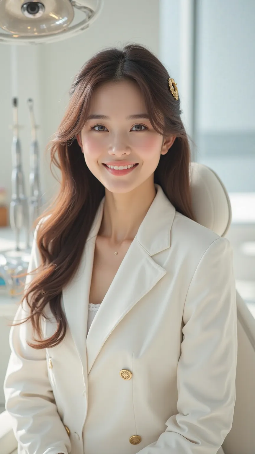 high definition image,dental room,modern tools,Full Body Korean Female,Age 25 years,White skin,Brown Long Hair,Big brown eyes,Warm smile,Hair Jewelry,สวมชุดสูทสีขาว นั่งทำงานในdental room มองมาที่ผู้ชม,masterpiece,ultra-detailed,realistic,Photorealistic,HD...