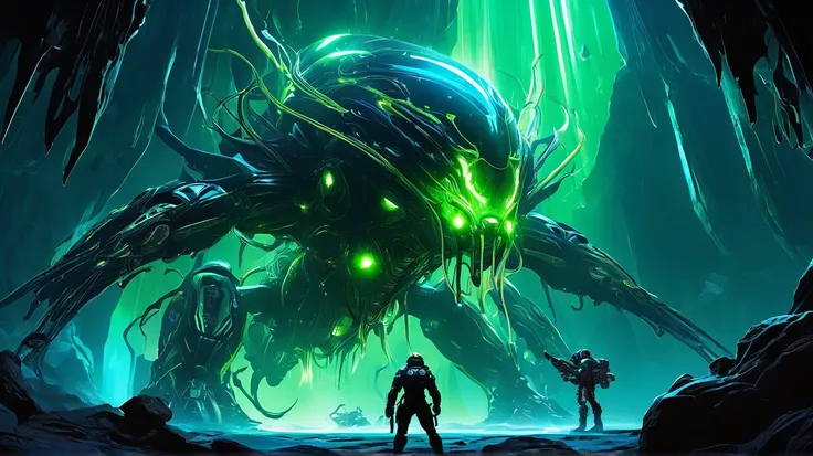 A dark Martian ice cave, Core Mind-a massive glowing brain-suspended by bio-tendrils, pulsing ominously. Kael teleports mid-air in his ExoSuit, Gauntlet firing shockwaves at swarming Scythelings with glowing wings. Jaxon snipes with Widowmaker, Hydra Prime...