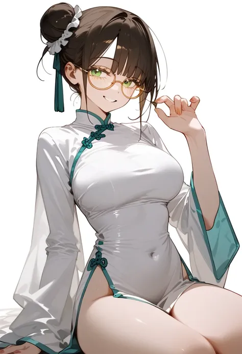 girl,Brown Hair,yellow hair ends,, put on round glasses,in blue-green eyes,Chinese ghost outfit,slim,big breasts,Slim thighs,white background,My hair is tied in a bun.,smile,sagawa ,milf,cute,Focus on the face