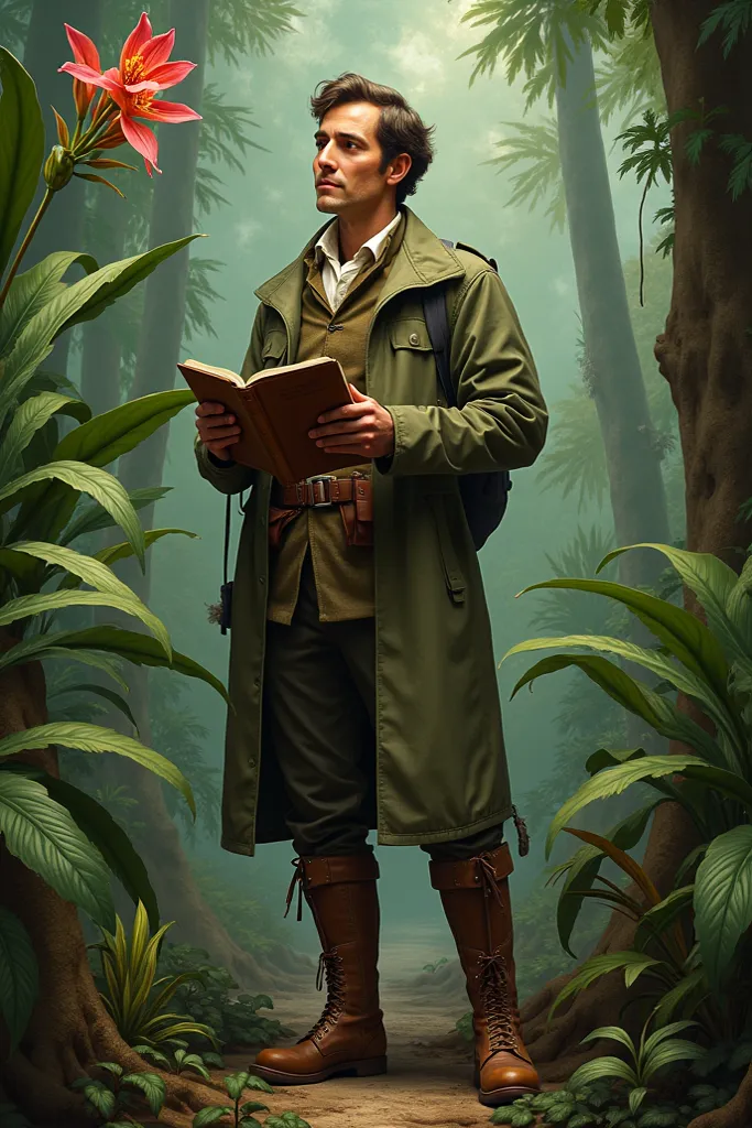 Make an image of **alexander humboldt:**  
   - **figure:** Wearing an olive green coat from the 19th century, expedition boots, 30 years holding a notebook. upright posture, active gesture observing an orchid in the Amazon rainforest.