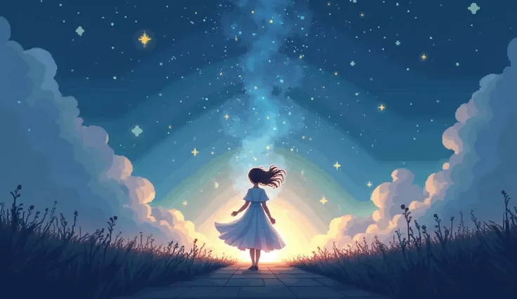 Pixel Style，8-bit pixel game style，A female image gradually walking towards the light in the darkness，She wears a light white dress，The skirt flutters in the wind，It symbolizes the purity of the heart and。Her face has a faint smile，There is both determinat...