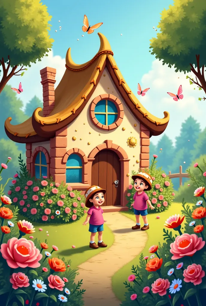 Draw the nursery school and the surrounding flower garden like a fairy tale illustration