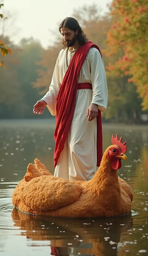 Jesus Christ, dressed in a white and red robe, standing on a giant fried chicken floating, on a lake. The scene takes place in a natural landscape with trees and flowery compositions in the background. Soft reflections in the water, colorful and sharp 4k l...