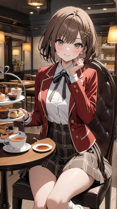 16K Brown Hair, Short Hair, , Grown Up High School Girl　Reed　 X hair ornament super beautiful white shirt　ribbons　Red Blazer　 WHITE LOOSE SOCKS 　check skirt　Super delicate and stylish cafe restaurant　Afternoon Tea　Black tea　sitting on a chair　 smile,  fron...