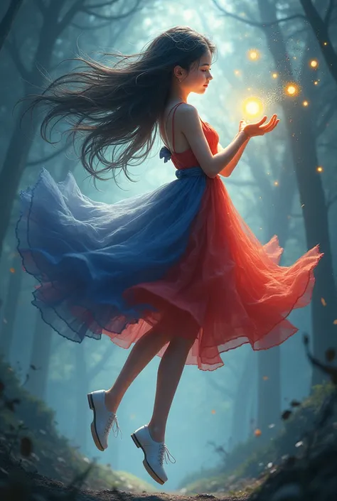 a girl floating in the air with dark  brown hair with highlights of dark blue with an red orb in her right hand and a blue one on the left and with haft red and half blue dress with white shoes