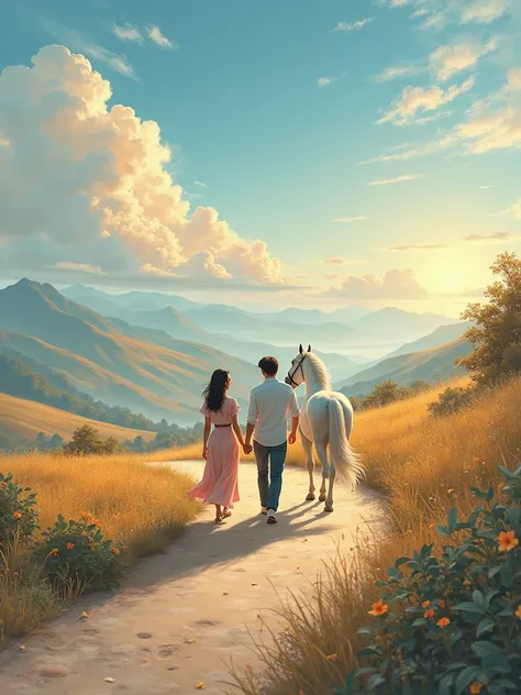 ชายหญิงAsian coupleเดินจูงBig white horseไปบนเส้นทางอันแสนไกล,Asian couple,Loving face,Gentle body,Walking on a long path,Big white horse,among the vast scenery, Blue Sky,Evening light range,Beautiful light and shadow range,Colorful oil painting,high resol...