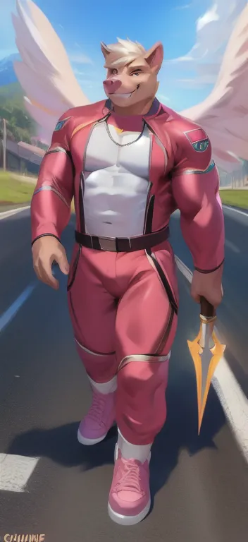  alone, male Tall​,huge​ body​, stand,Holding the magic staff of an angel.,angel Two wings long, road,pig pitbull​,  pink military spacesuit commander ,  heavy overload,  muscle bundle, Smirking ,by chunie ​