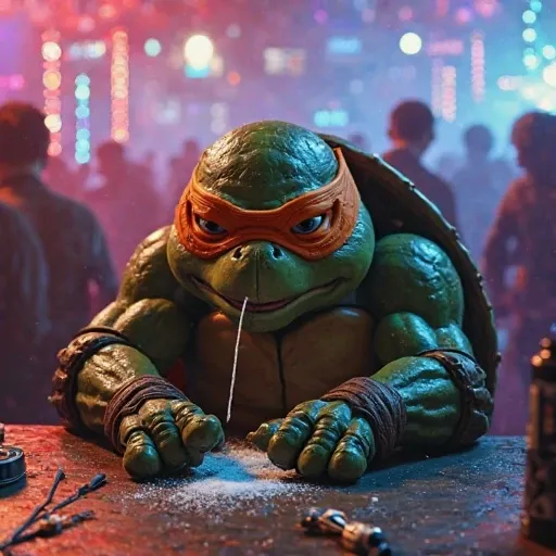 ninja turtle mikey, snorting cocaine in club