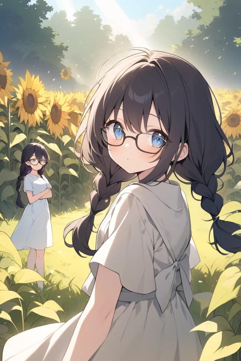 There are two good friends in the sunflower field: a girl with light blue eyes with two braids wearing glasses and a healthy girl with long dark hair