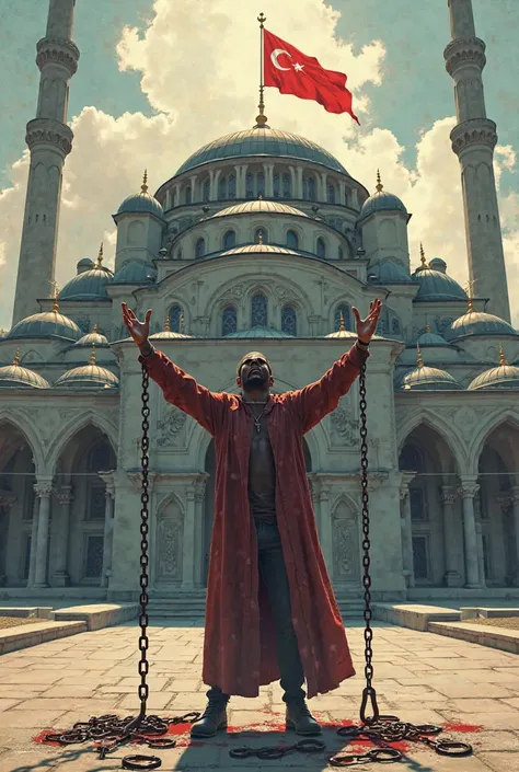 A mosque with a Turkish flag hanging on its dome, and his hands standing in front of the mosque are in the air, Let there be a man who has broken the chains in his hands. in the form of a drawing 