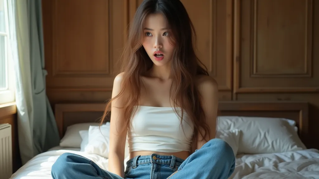 WOMAN ASIAN WOMAN 165CM TALL, 45KG, LONG BROWN HAIR, FAIR SKIN, PINK LIPS, WEARING A THIN WHITE SILK TUBE TOP, SHOCKED EXPRESSION, WIDE EYES, SHE LOOKS DOWN AND STARES INTO THE TARGET OF THE XL, XL, LOOSE JEANS SHE IS WEARING, VERY LOOSE PANTS AFTER SHE LO...