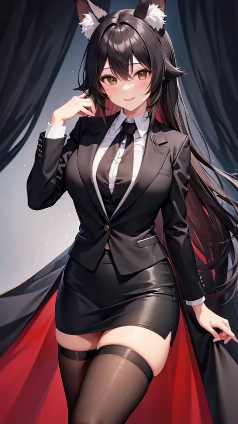 sexy older sister in a black business suit wearing a black tie　　 　　I'm wearing a black tie　black pencil skirt　Brown tights　A radiant smile　 Hi-Res　 high image quality　Fox ears