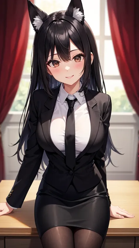 sexy older sister in a black business suit wearing a black tie　　 　　I'm wearing a black tie　black pencil skirt　Brown tights　A radiant smile　 Hi-Res　 high image quality　Fox ears