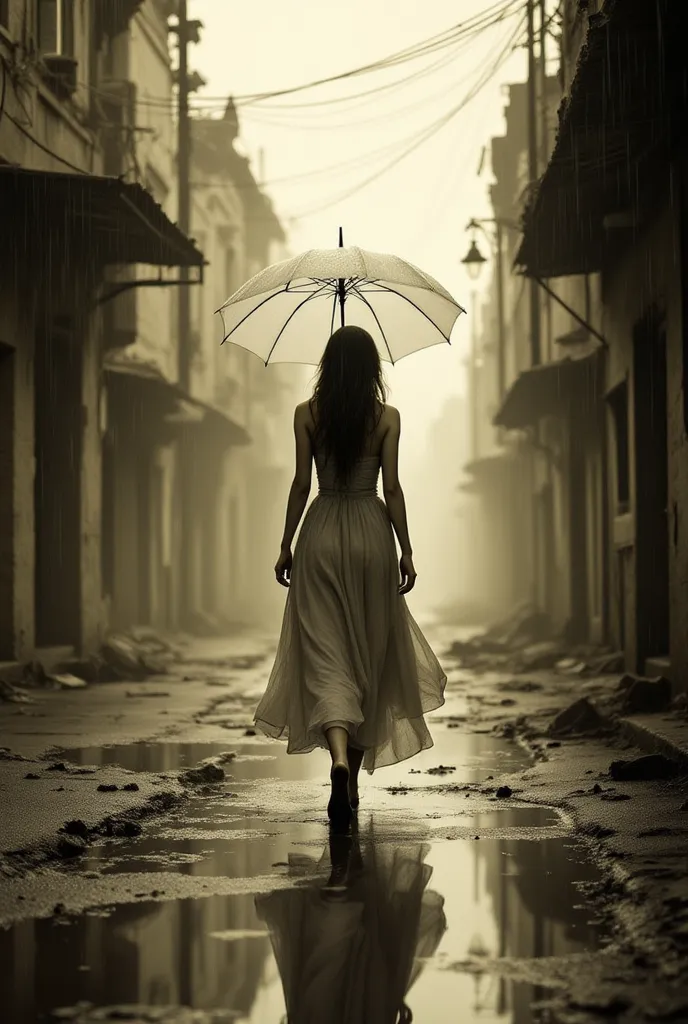 
monochrome sepia tone about a woman, wearing long skirt walking in the rain with umbrella, abandoned city street background.