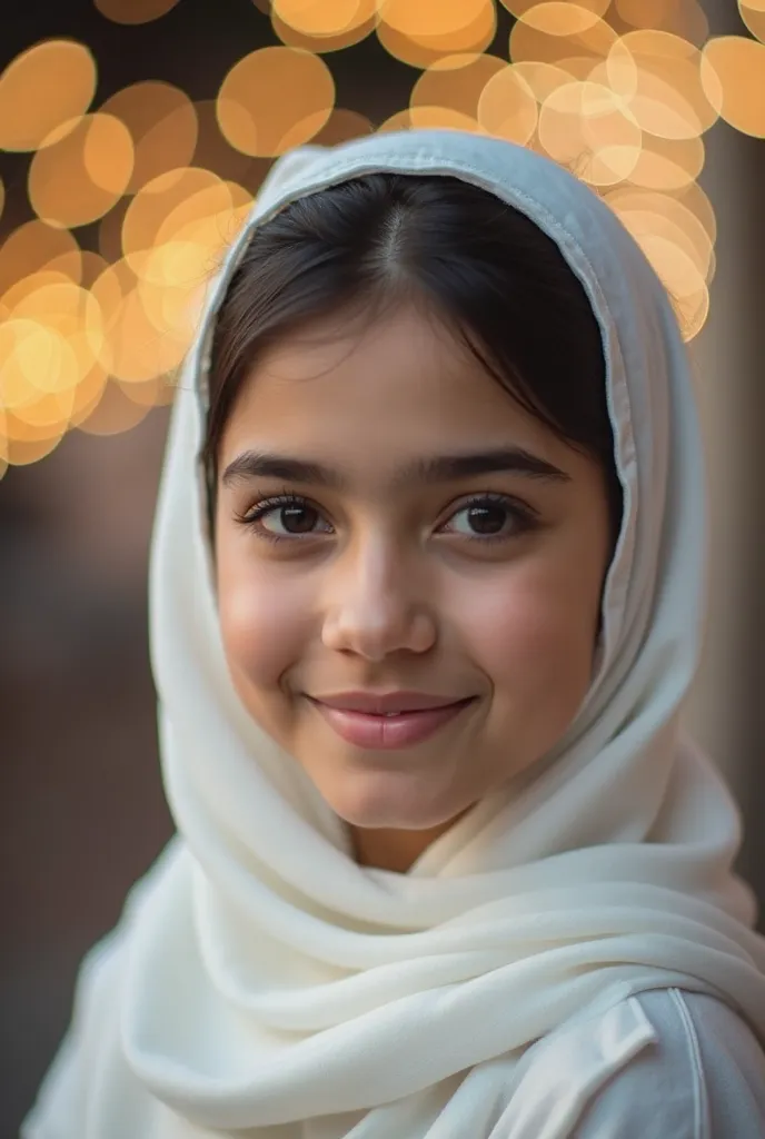 A portrait close-up of a beautiful arabic girl in 21 years old with a serene expression, standing outdoors with a blurred bokeh background of warm lights. She wear a whithe hijap.A portrait close-up of a arabic woman with a serene expression, standing outd...