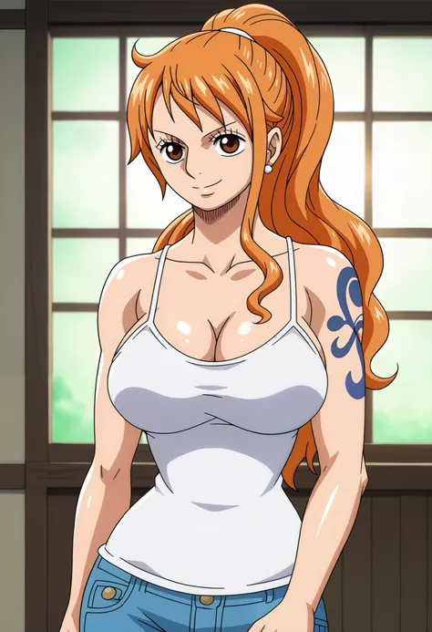 score_9_up, best quality, cowboy shot, anime_source, anime style, (SOLO:1.7), 1girl, Nami, orange hair, (white comesole:1.4), morning, (ponytail:1.7),  (serious smile:1.3), (curvy body:0.7),), (slightly looking at the viewer:1.2) (Medium breasts:1.5), jean...