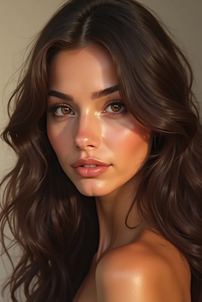 A hyper-realistic digital painting of a stunning 23-year-old woman with long, wavy dark brown hair. The focus is entirely on her face, capturing every intricate detail with lifelike precision. Her warm brown eyes are soft yet expressive, radiating elegance...