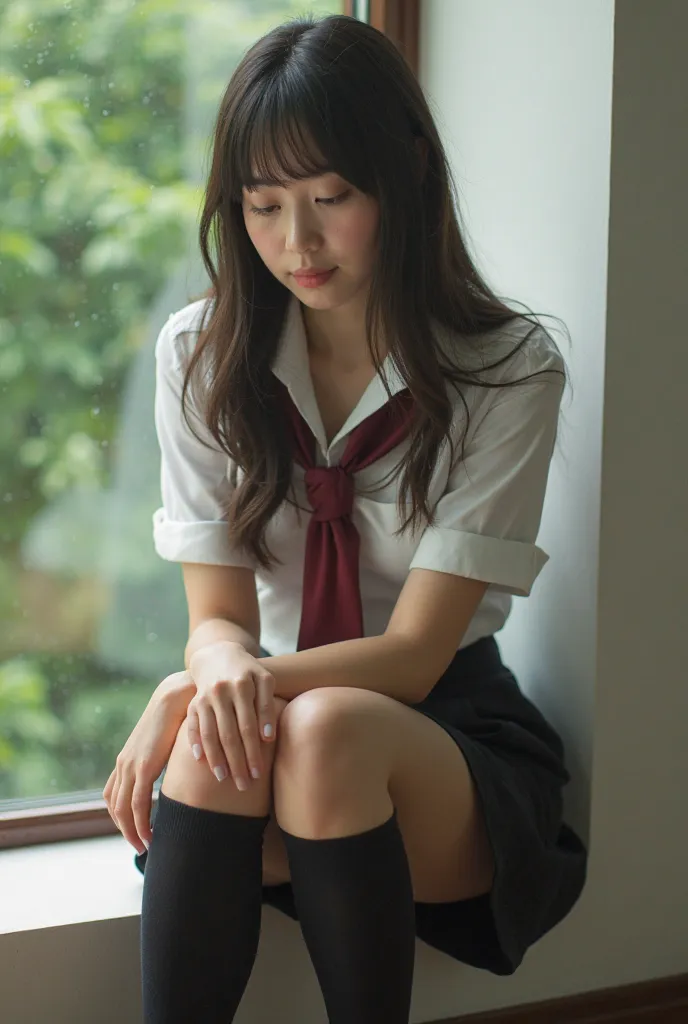 (photorealism:1.2), 目をつぶって眠ってる姿がbeautiful Japanese model in her twenties trying to suppress the embarrassing urge to fart、hairstyle:  straight long hair、39;thick legs, only、Female bank clerk&#39;  she's wearing a uniform , 39;Office worker busines  she's w...