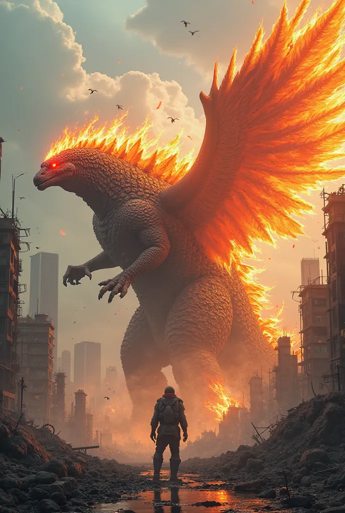 Create image realistic cartoon the godzilla mix with fire pheonix. Background is ruined city. 

