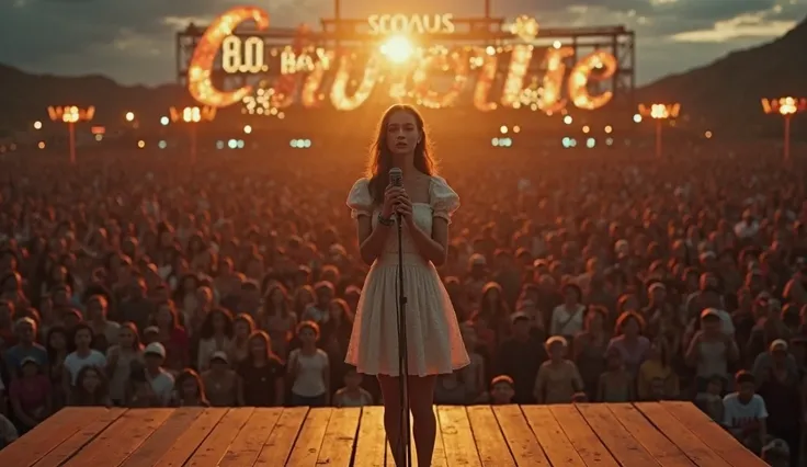 A realistic and cinematic scene in 8K, set in the 1950s, capturing an exciting moment in a crusade of miracles. In the center of the simple wooden stage, a 25 year old girl, Skinny and beautiful , wears a classic dress of the time and Sing with emotion whi...