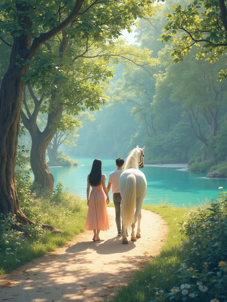 ชายหญิงAsian coupleเดินจูงBig white horseไปบนเส้นทางอันแสนไกล,Asian couple,Loving face,Gentle body,Walking on a long path,Big white horse,picturesque landscape,tranquil turquoise lake, dark blue sky ,trees, shady leaves,overflowing love, virtual photo ,hig...