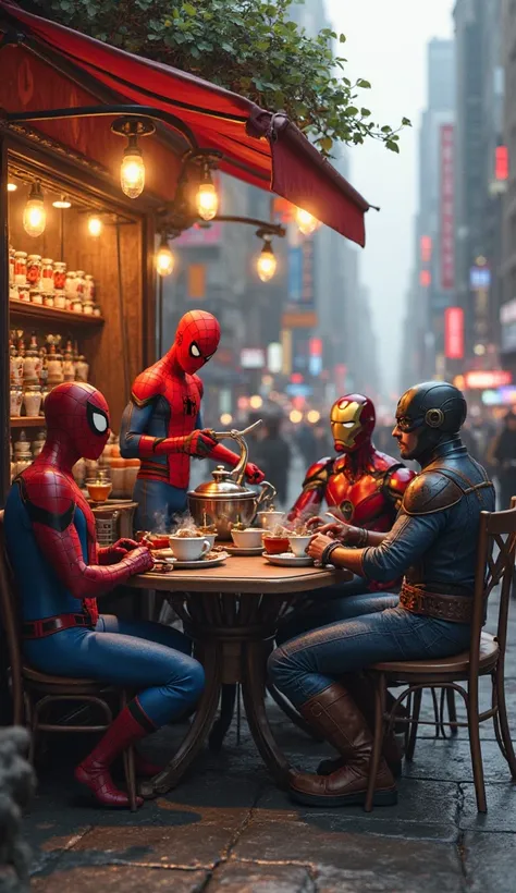 I want Spider-Man working in a tea stand and drinking tea with all the heroes