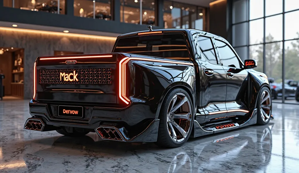 
Create an ultra-detailed 3D render of a futuristic luxury Mack pickup designed for 2025 showcasing a bold and aerodynamic Rear back right side design. The side features a seamless integration of sleek LED HD light ‘Mack’ logo prominently displayed. The gr...