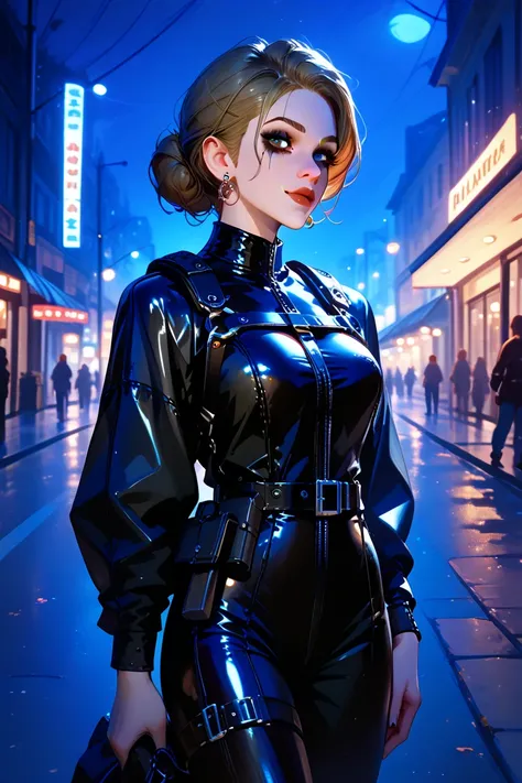 Extremely detailed, very sharp, best quality, female, Sophie Thatcher face, black rider latex suit, tall and lean body, harness, night, night street, lights, very short black haircut, dark makeup, pauldrons, holster, 