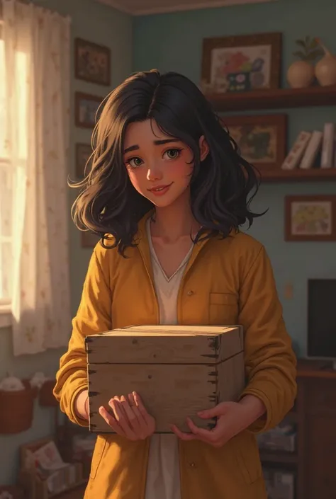 "Riya, with a gentle smile, carefully places the empty wooden box on a shelf in her new home. The room is simple yet cozy, and the box stands out as a symbol of her inner strength and patience. The lighting is soft, emphasizing her calm demeanor."