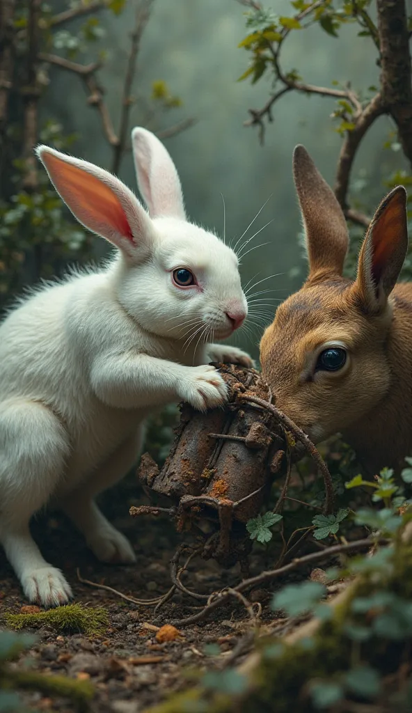 white rabbit rushing to the trap and biting at the corroded latch to save deer from trap