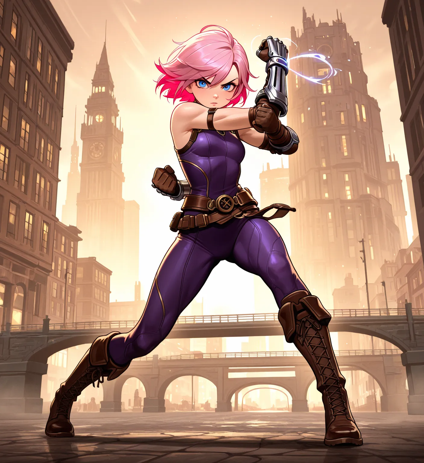 Create Vi from Arcane League of Legend on a bridge with the city in the background in cartoon format